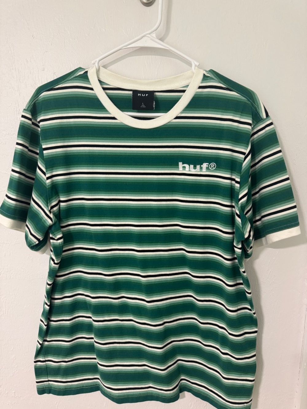 HUF Green and Cream Striped Logo Tee